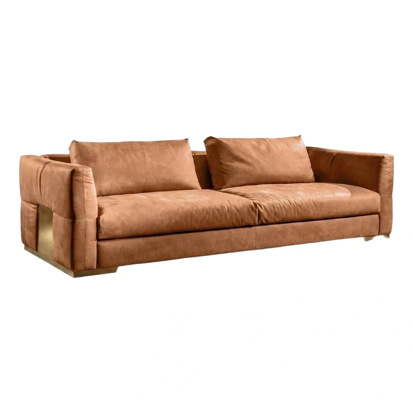 Modern Cognac Leather Sofa with Brass Metal Accents