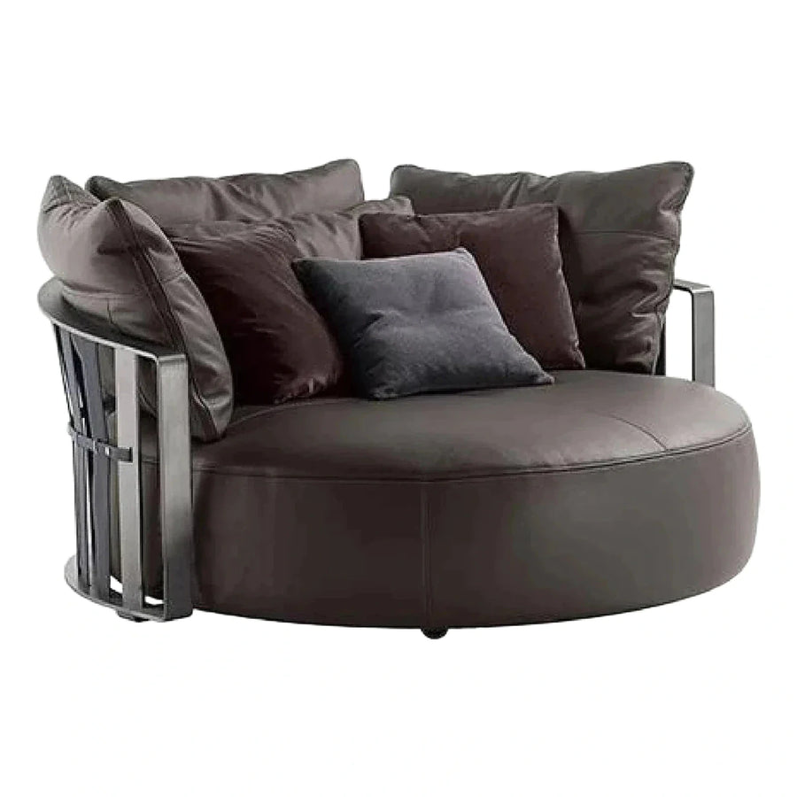 Round Brown Leather Sofa with Metal Frame