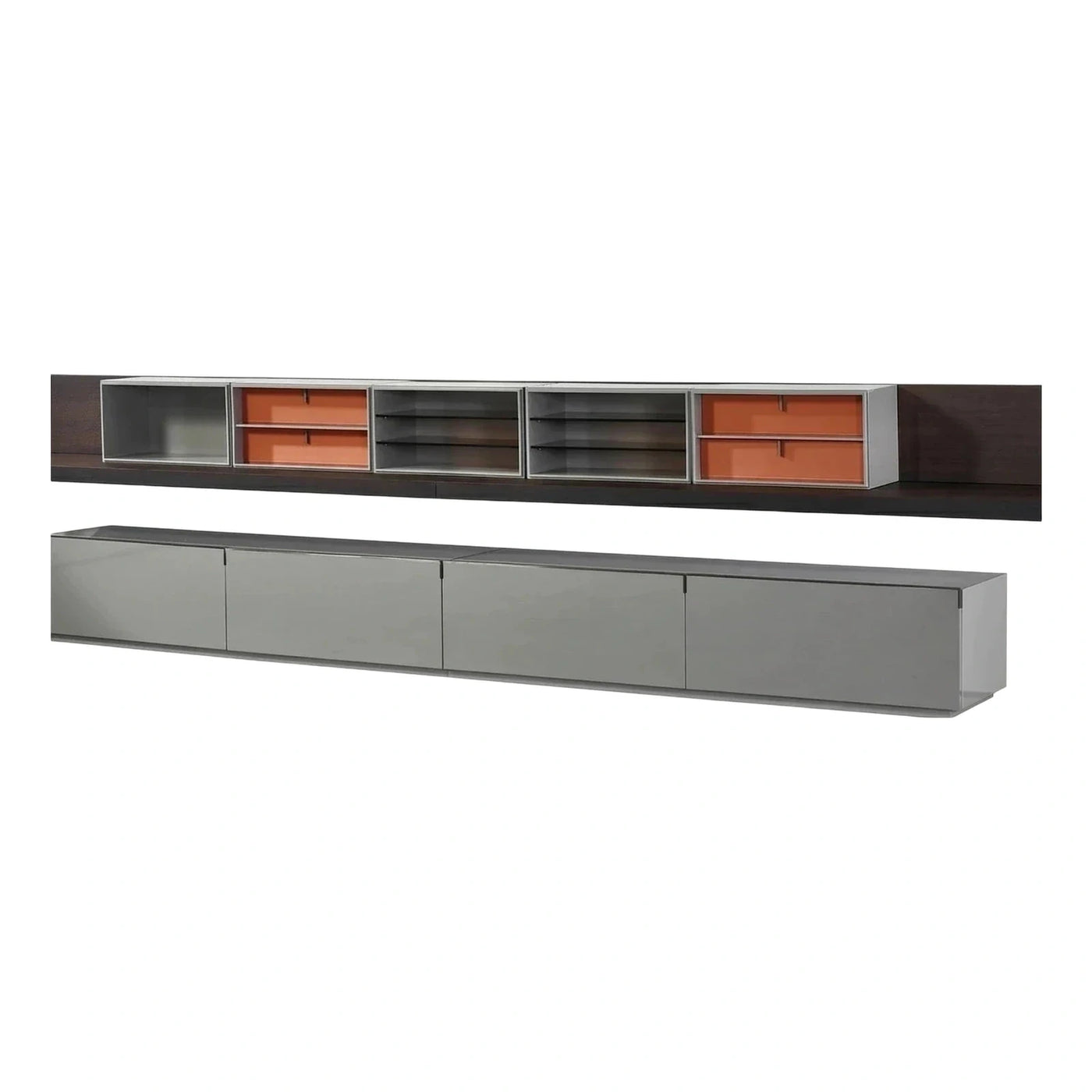 Modern Grey Wall Mounted Media Console with Orange Drawers