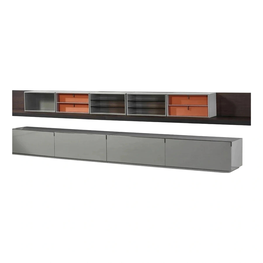 Modern Grey Wall Mounted Media Console with Orange Drawers
