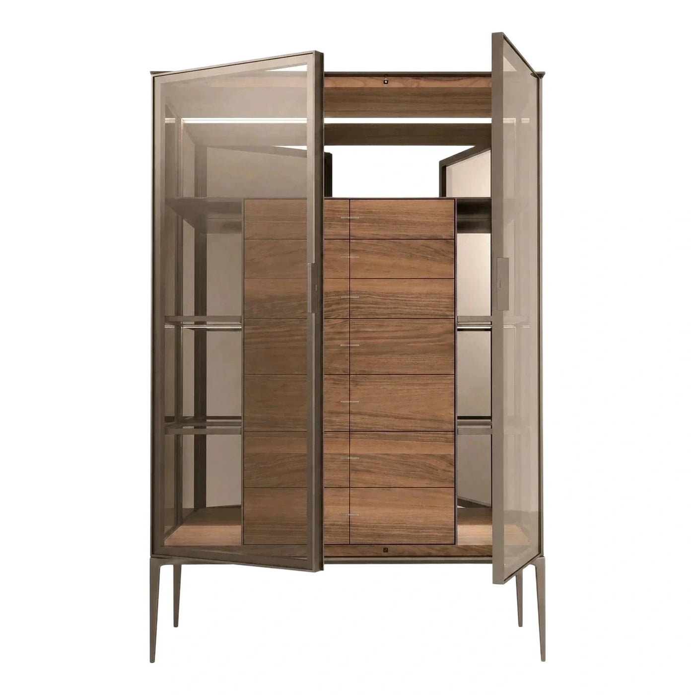 Smoked Glass Wardrobe with Wood Drawers and Metal Frame