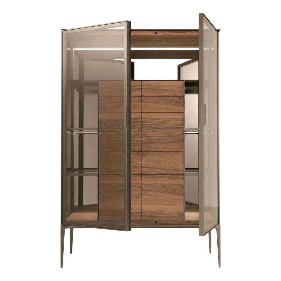 Smoked Glass Wardrobe with Wood Drawers and Metal Frame