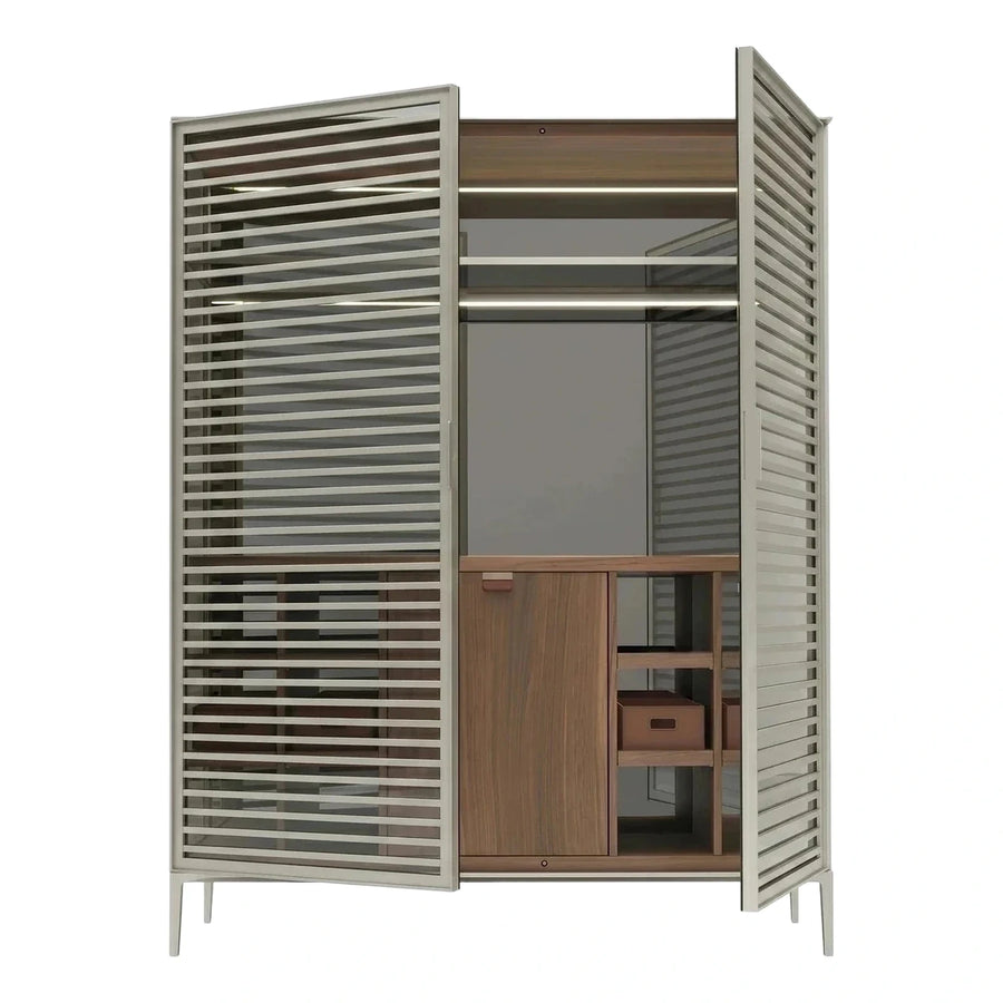 Modern Grey Louvered Wardrobe with Wood Interior