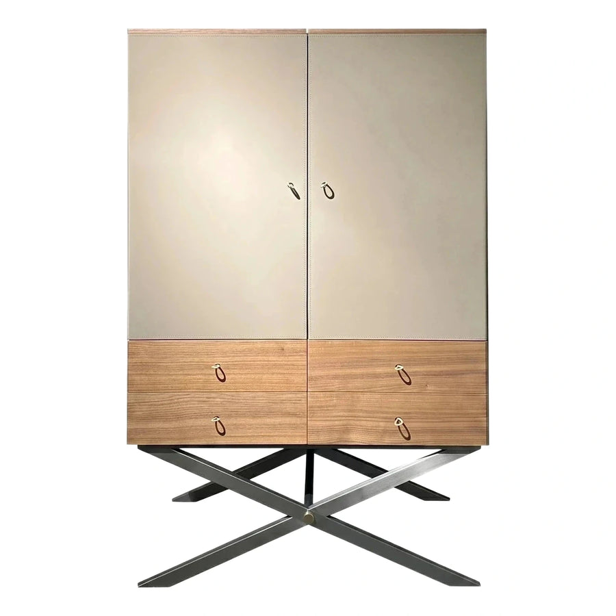 Modern Beige Leather Wardrobe with Wood Drawers and Metal Base