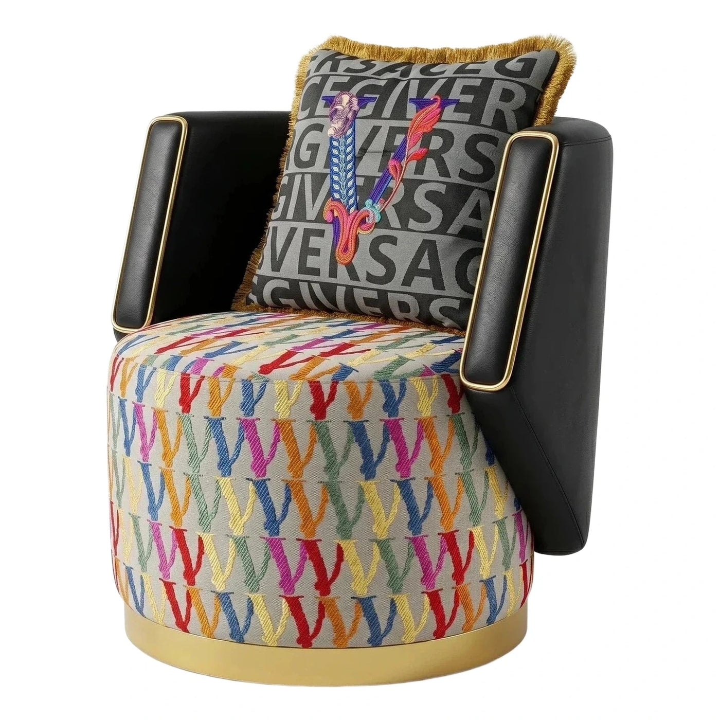 Black Leather Armchair with Gold Base and Colorful Patterned Seat