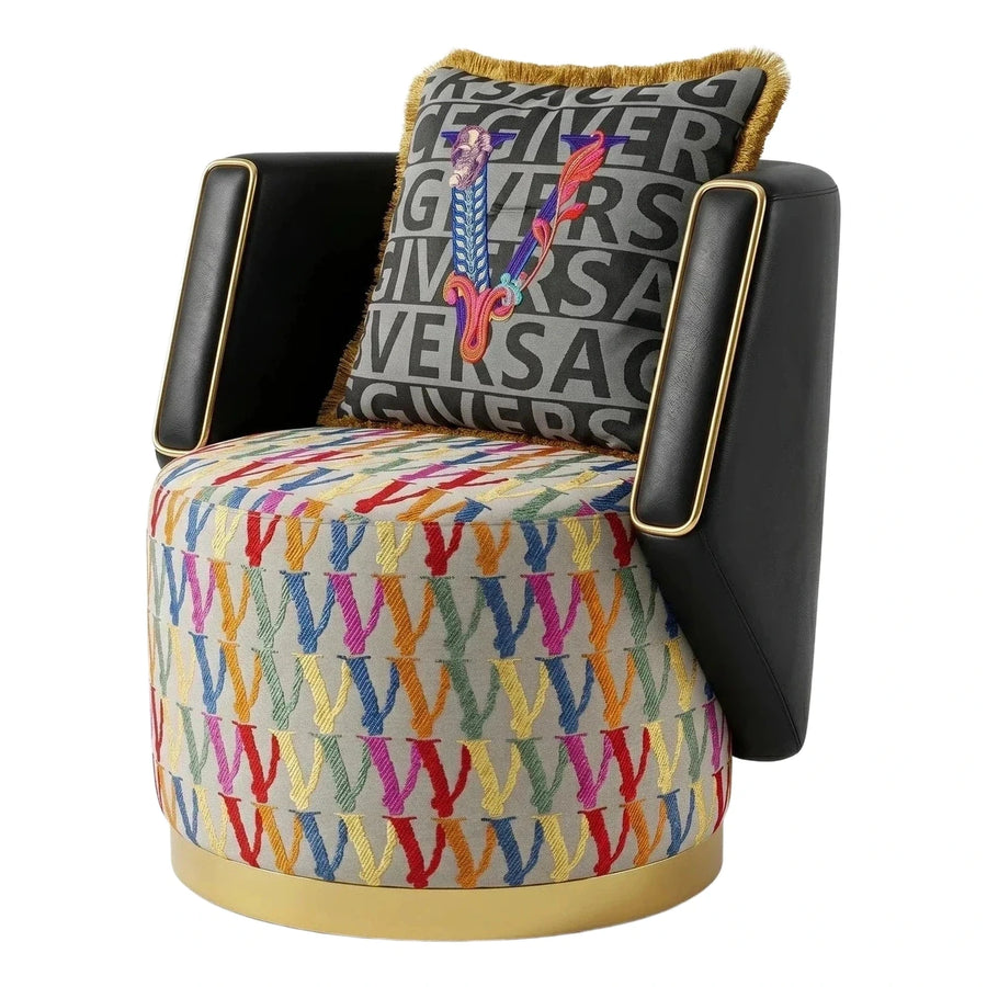 Black Leather Armchair with Gold Base and Colorful Patterned Seat