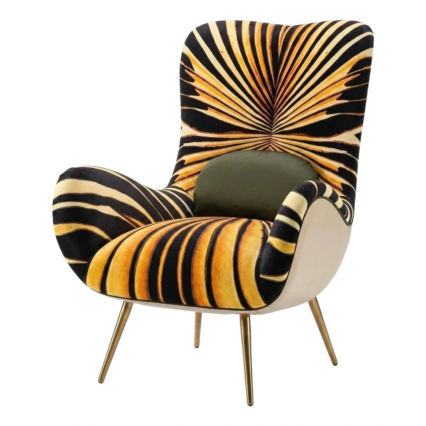 Gold and Black Sunburst Velvet Armchair with Brass Legs