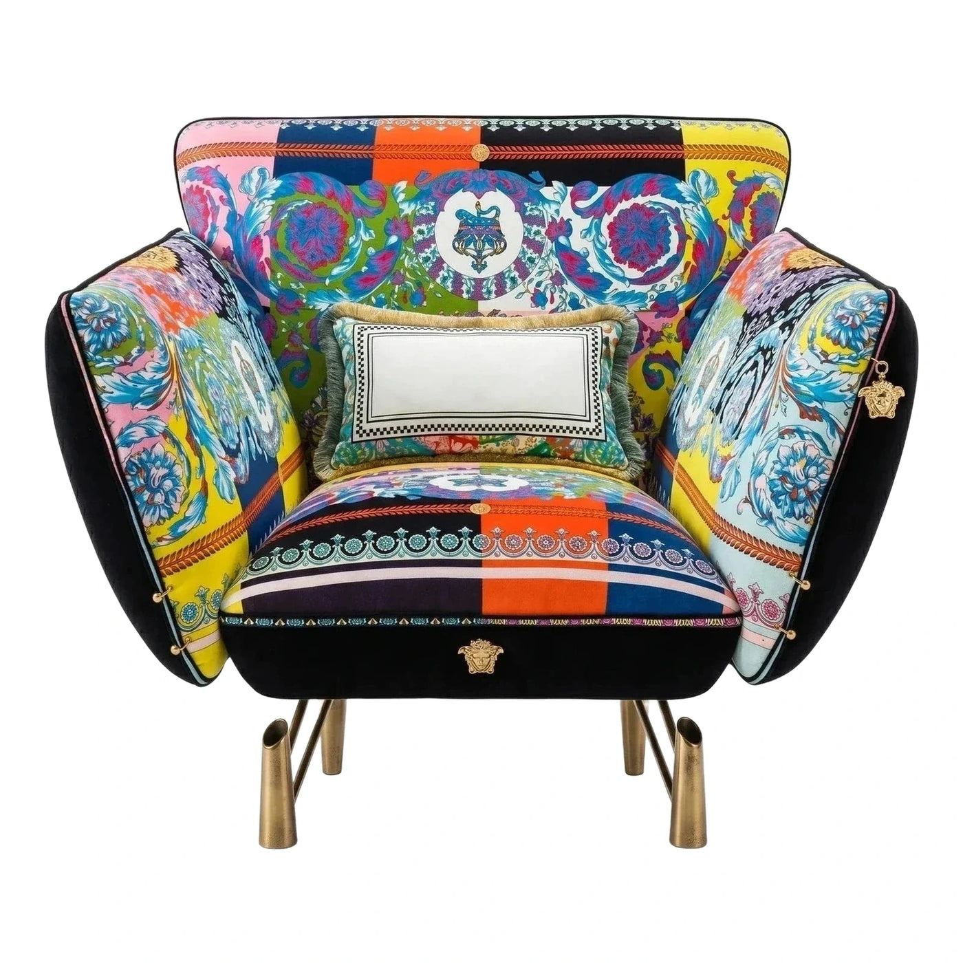 Multicolor Patchwork Print Velvet Armchair with Gold Legs