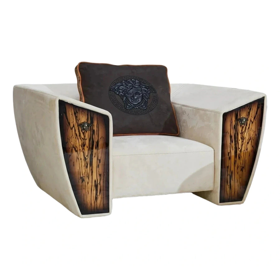 Cream Leather Armchair with Glossy Wood Side Panels
