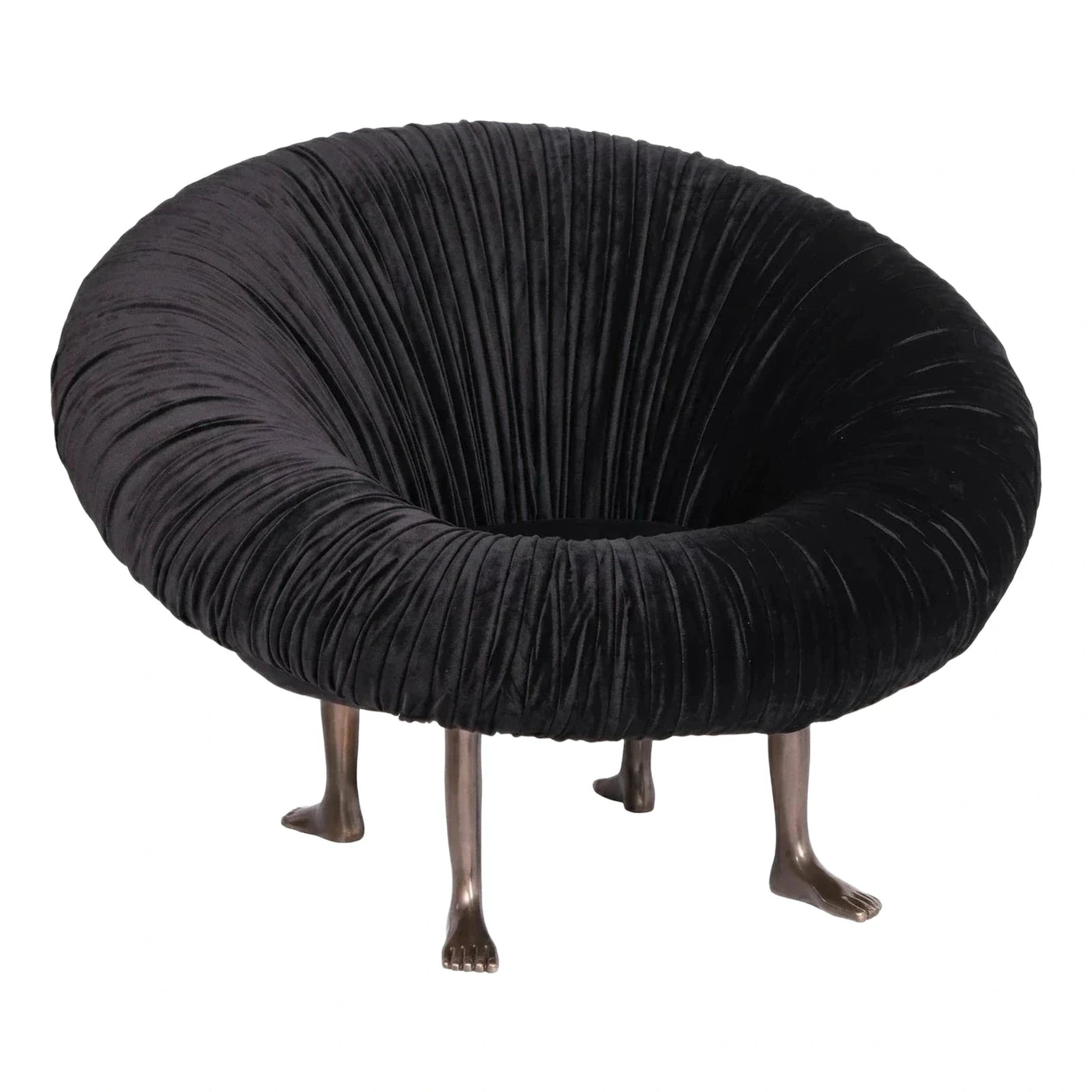 Black Velvet Pleated Round Lounge Chair with Foot Legs