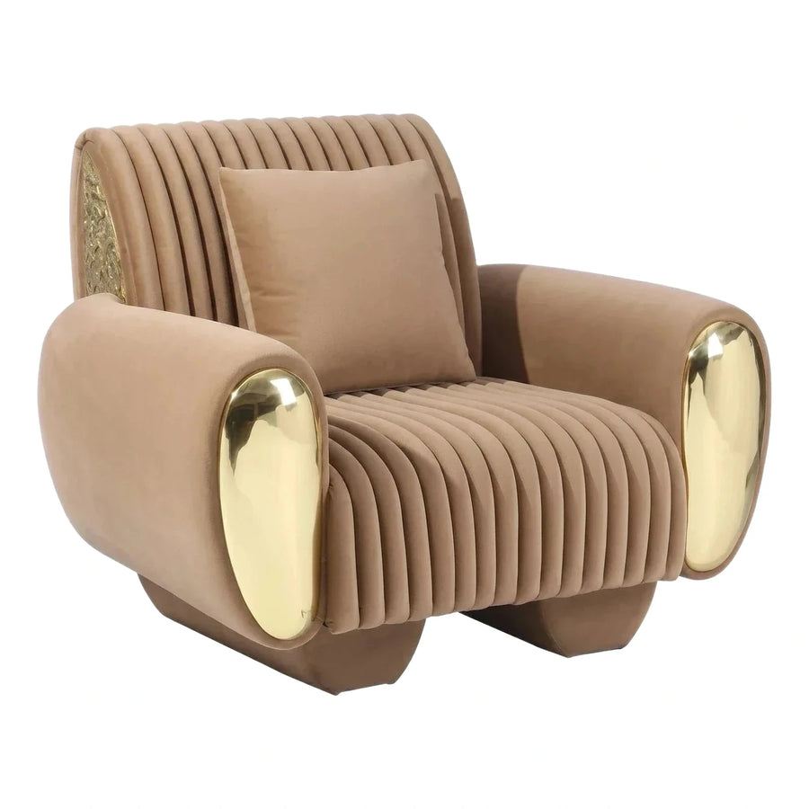Beige Velvet Channel Tufted Armchair with Gold Accents