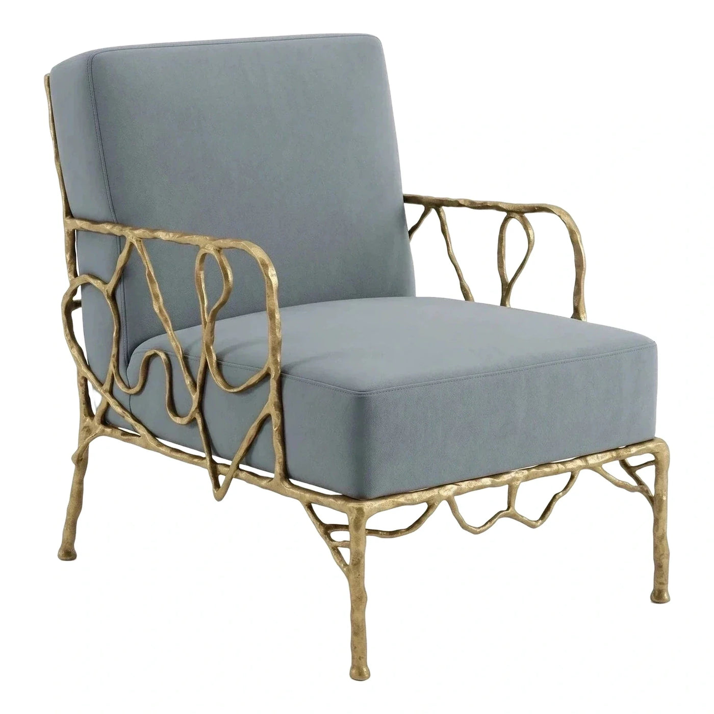 Blue Upholstered Lounge Chair with Gold Branch Frame