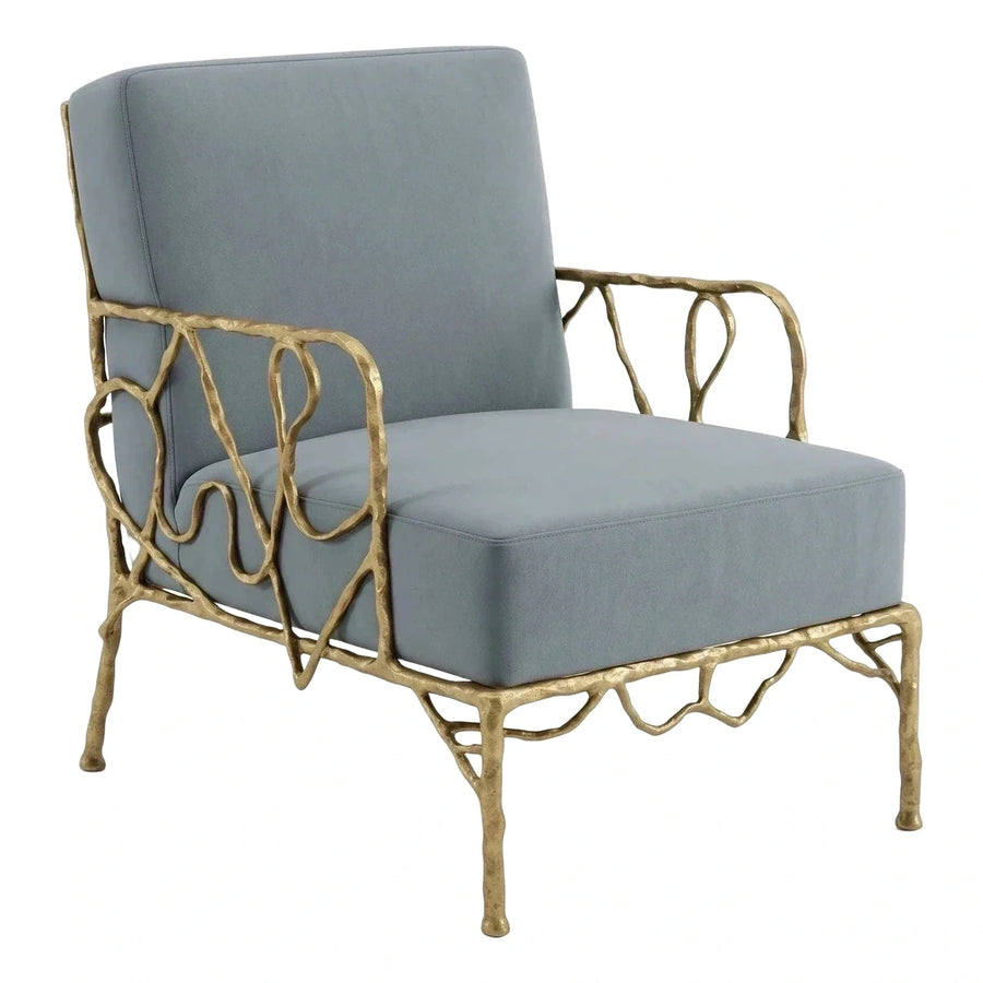Blue Upholstered Lounge Chair with Gold Branch Frame