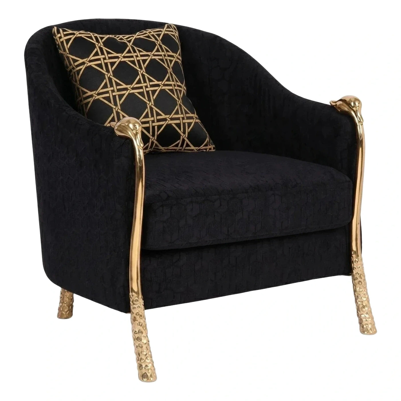 Black Textured Velvet Armchair with Gold Metal Frame