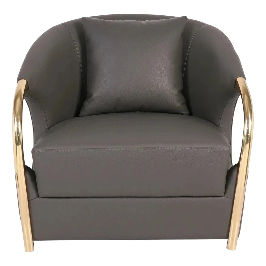Modern Grey Leather Armchair with Gold Metal Frame