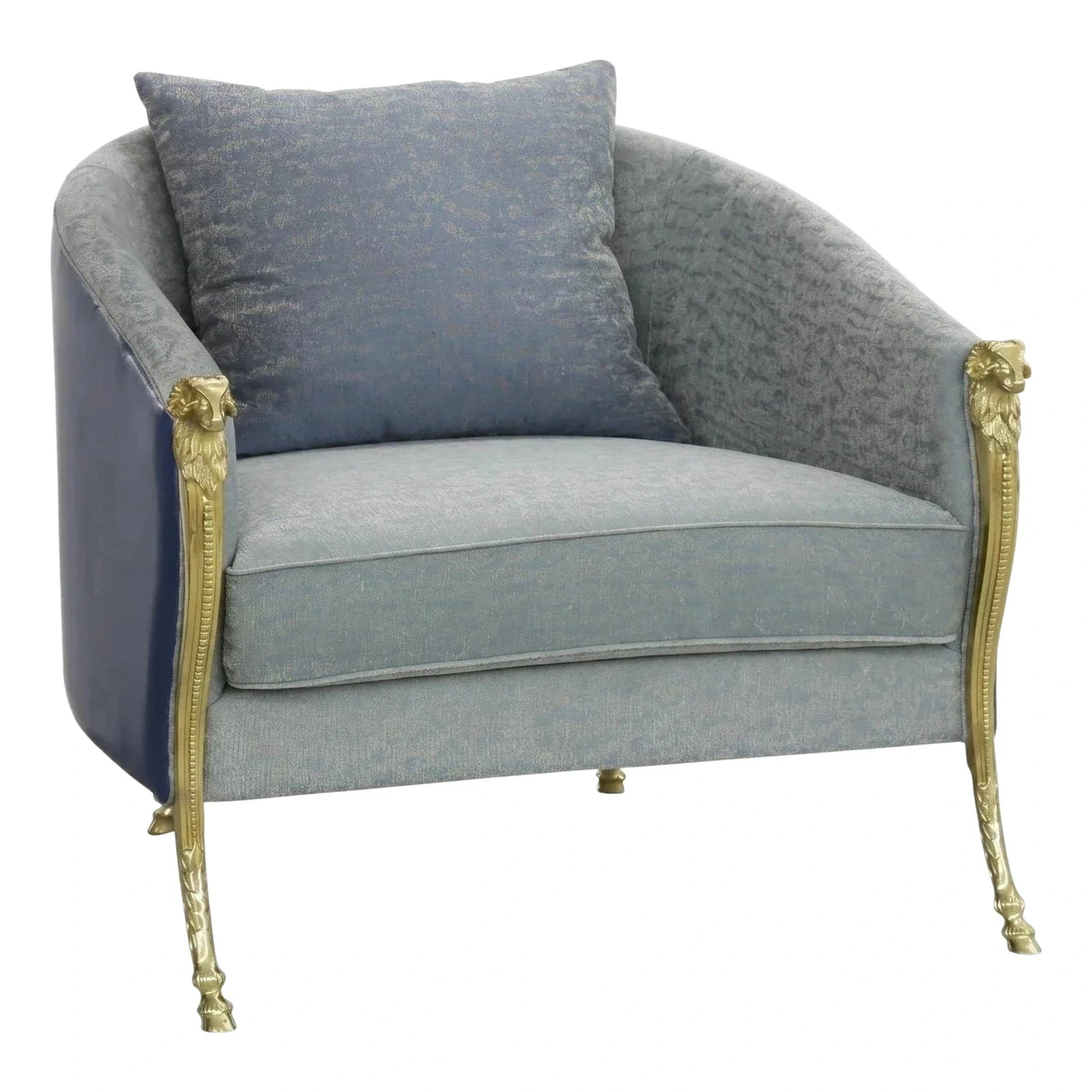 Luxury Blue Velvet Armchair with Gold Ram Legs
