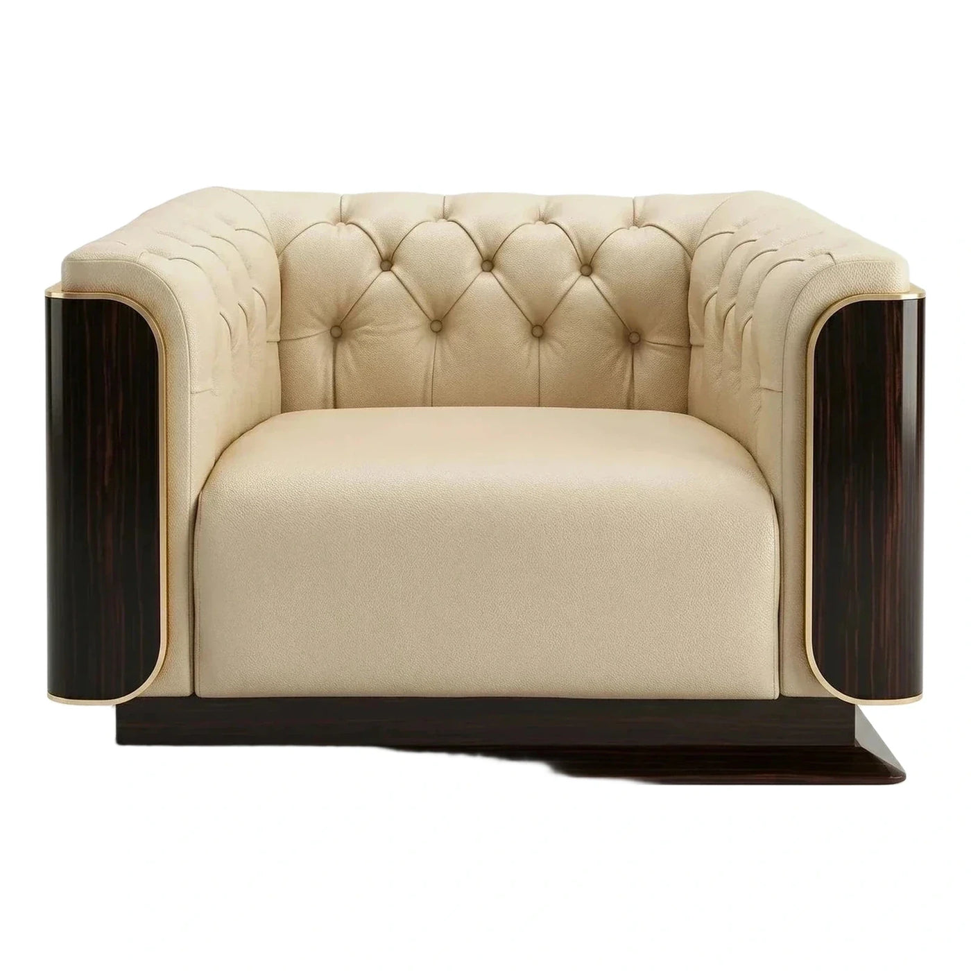 Cream Leather Tufted Armchair with Dark Wood and Gold Trim