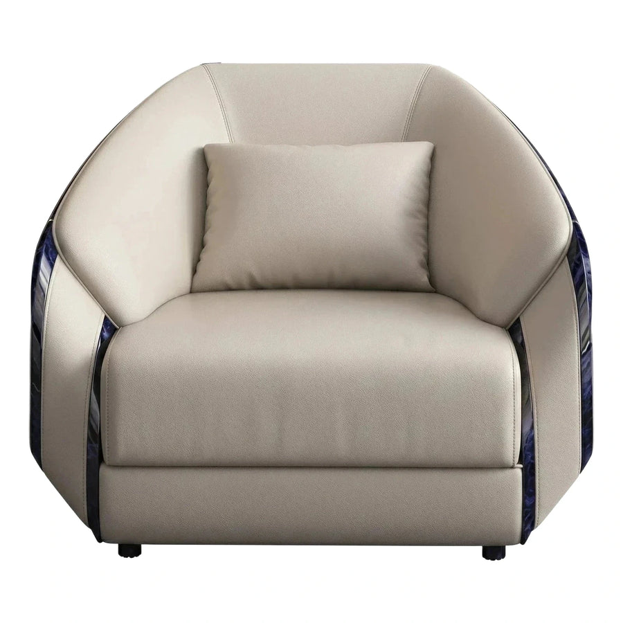 Beige Leather Armchair with Blue Marble Side Panels