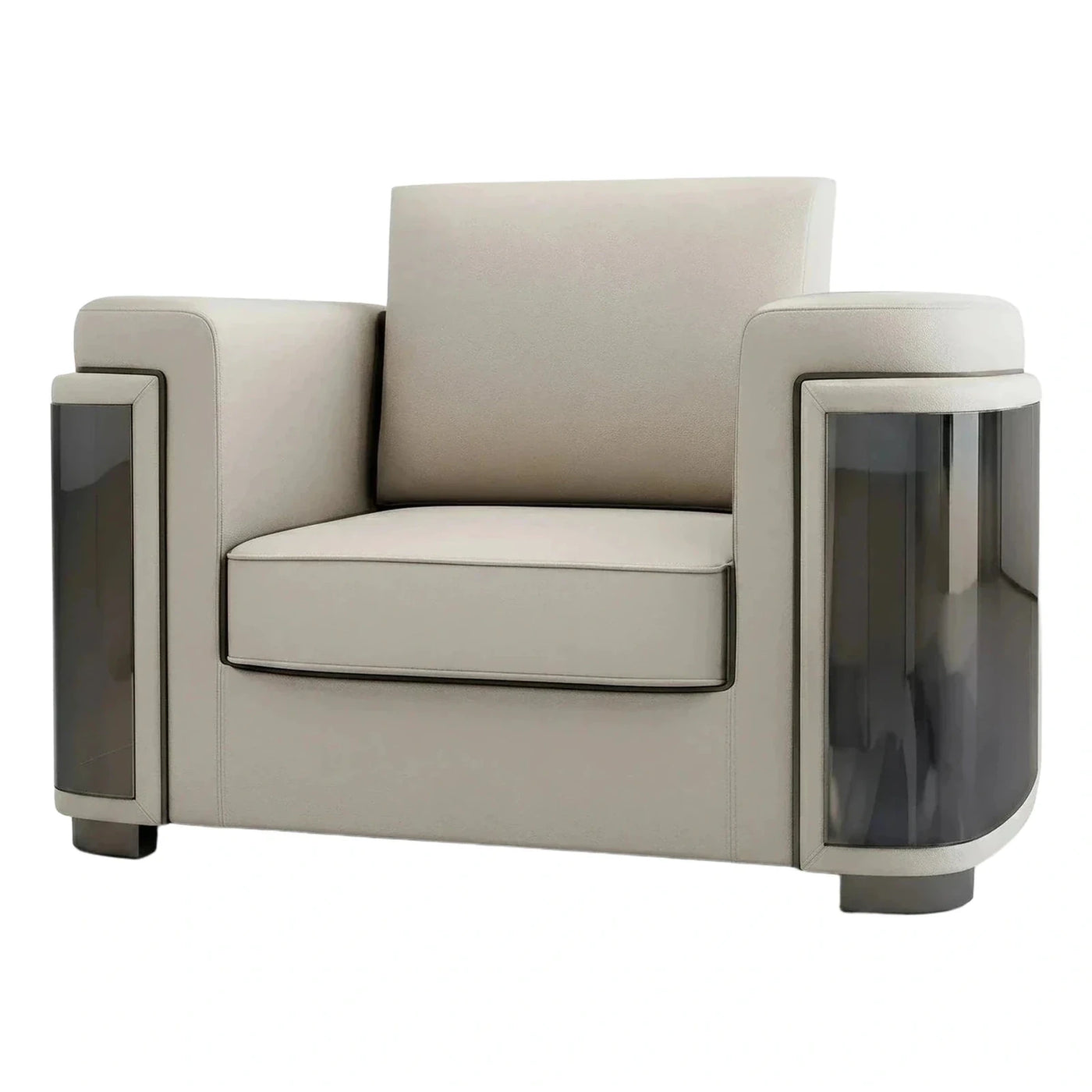 Modern Beige Leather Armchair with Smoked Glass Panels