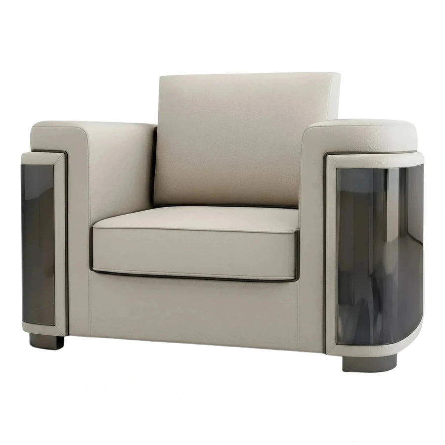 Modern Beige Leather Armchair with Smoked Glass Panels