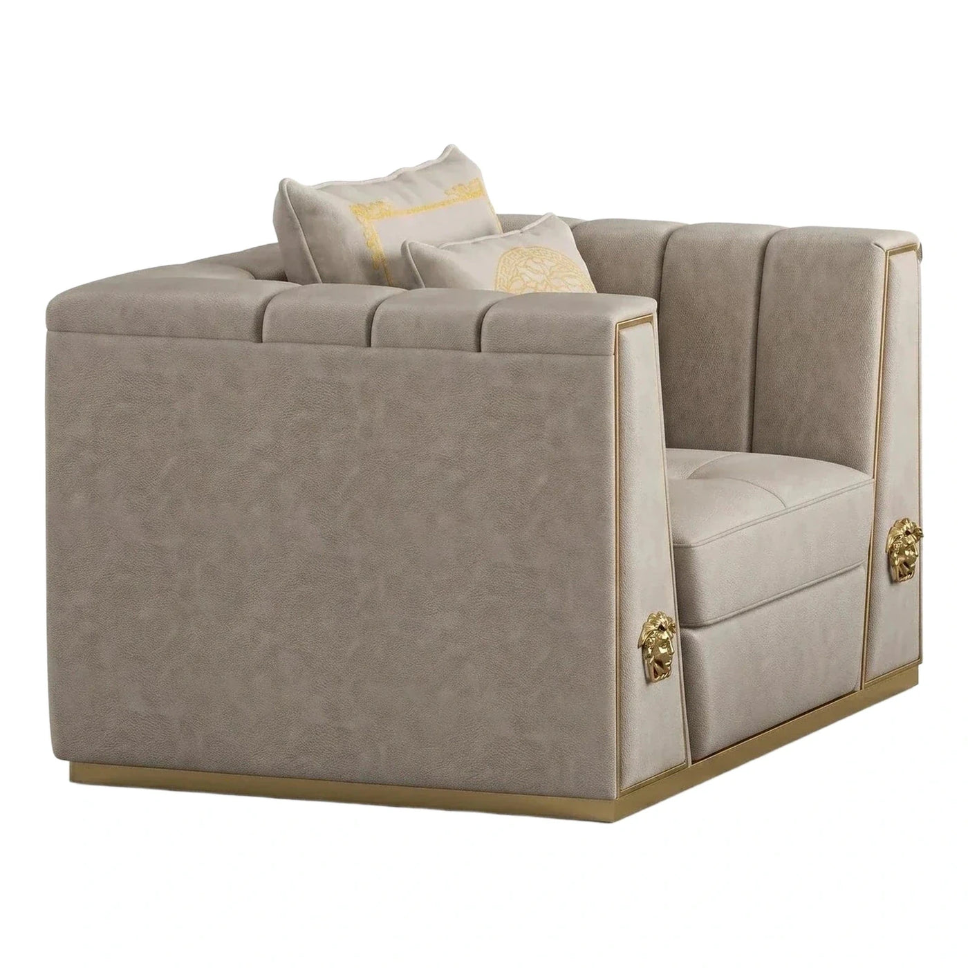 Luxury Beige Fabric Armchair with Gold Lion Accents
