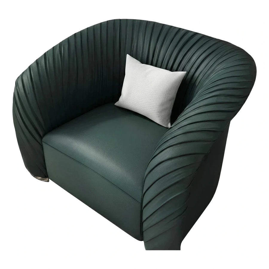 Dark Green Pleated Leather Armchair with White Pillow