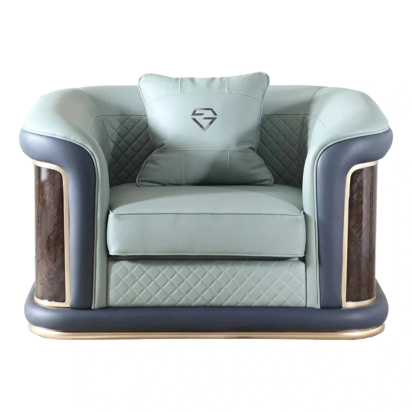 Luxury Mint Green Leather Armchair with Wood Panels