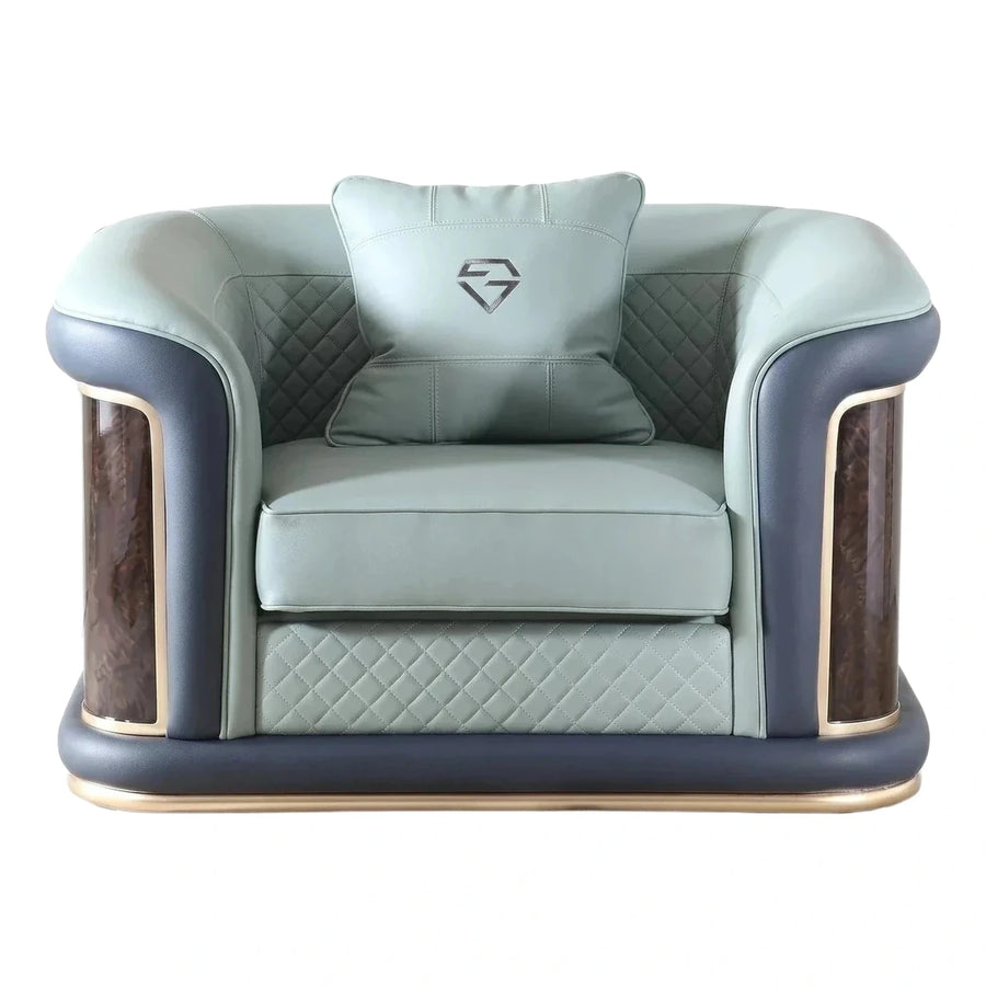 Luxury Mint Green Leather Armchair with Wood Panels