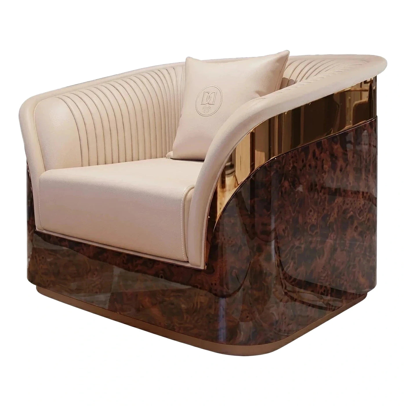 Cream Leather Lounge Chair with Burl Wood Base