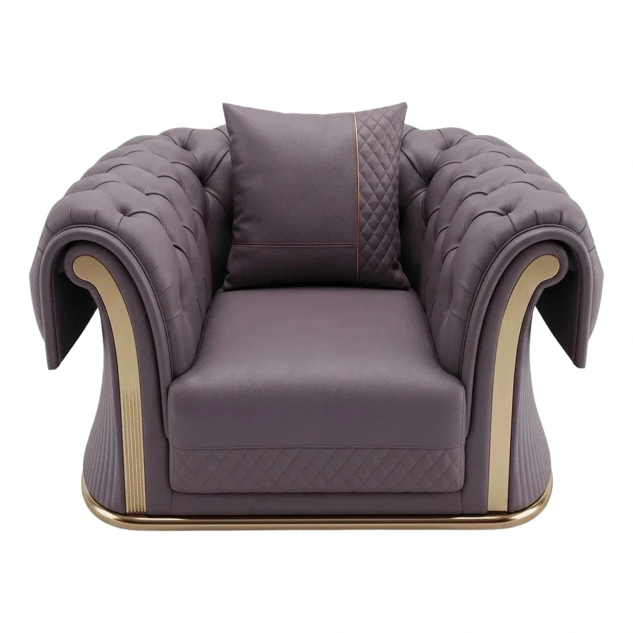 Luxury Grey Tufted Leather Armchair with Gold Base