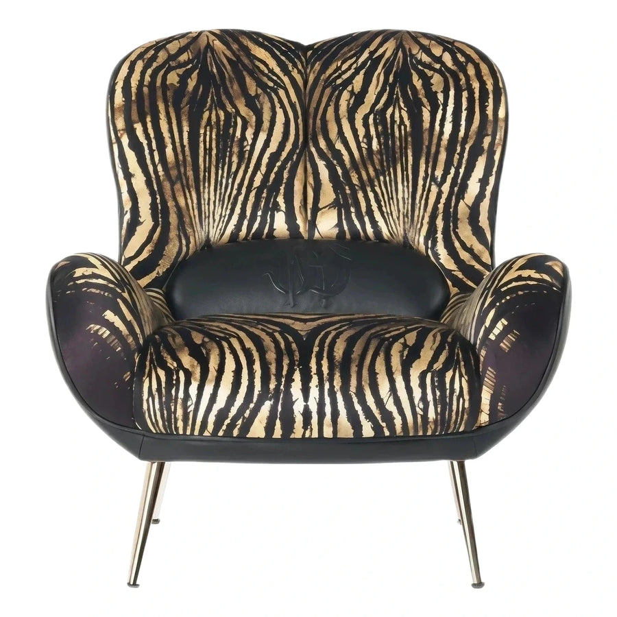 Gold Zebra Print Armchair with Black Leather Trim