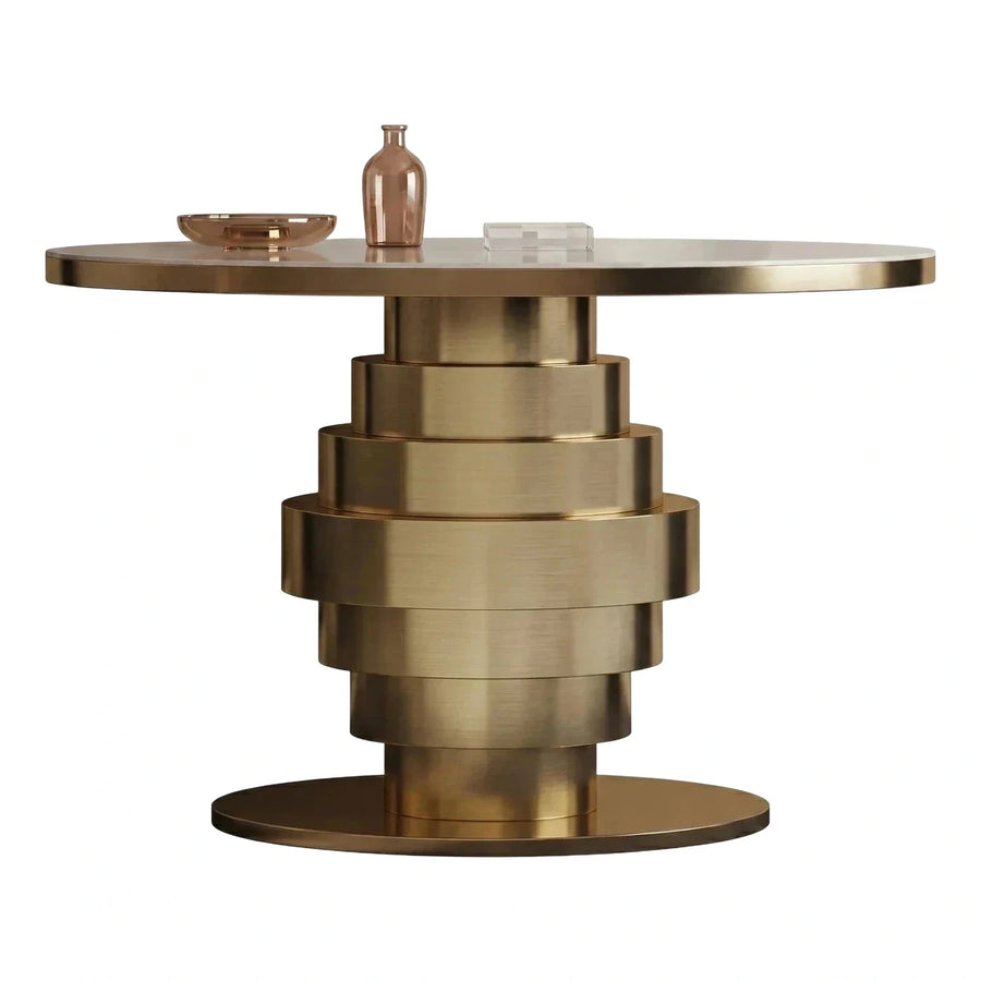Round Tiered Gold Metal Base Stone Top Coffee Table