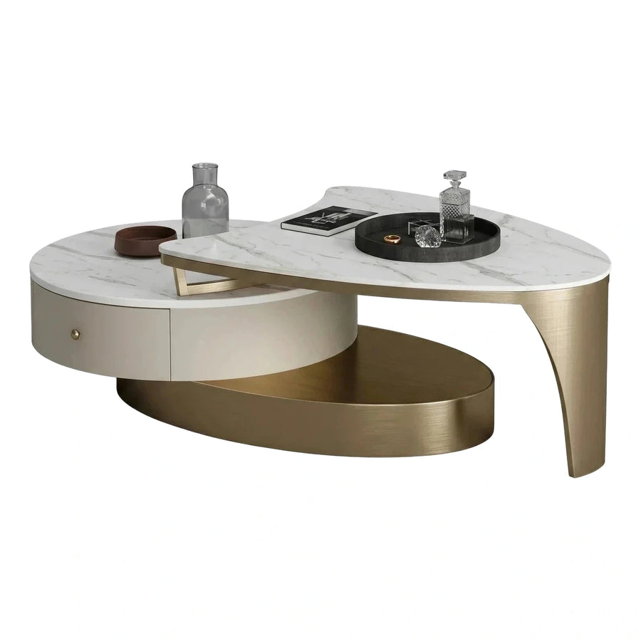 Modern Curved Marble Coffee Table with Gold Base