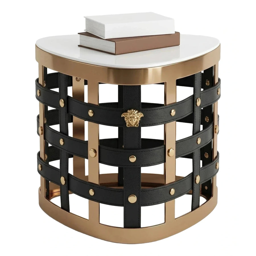 Luxury Gold Metal Side Table with Black Leather Straps