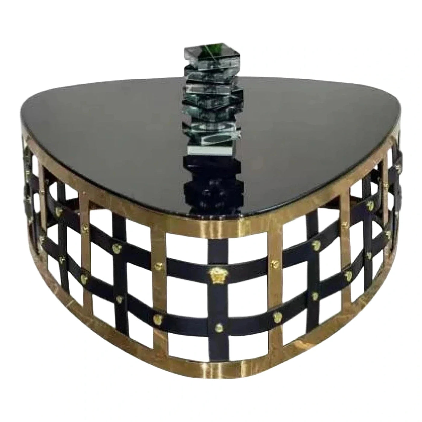 Semi-Circular Black Coffee Table with Gold Metal and Leather Base