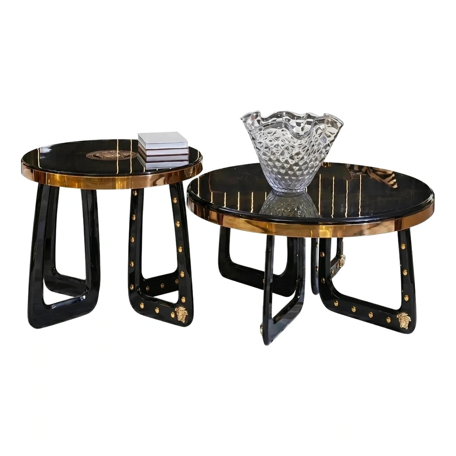 Glossy Black Round Coffee and Side Table Set