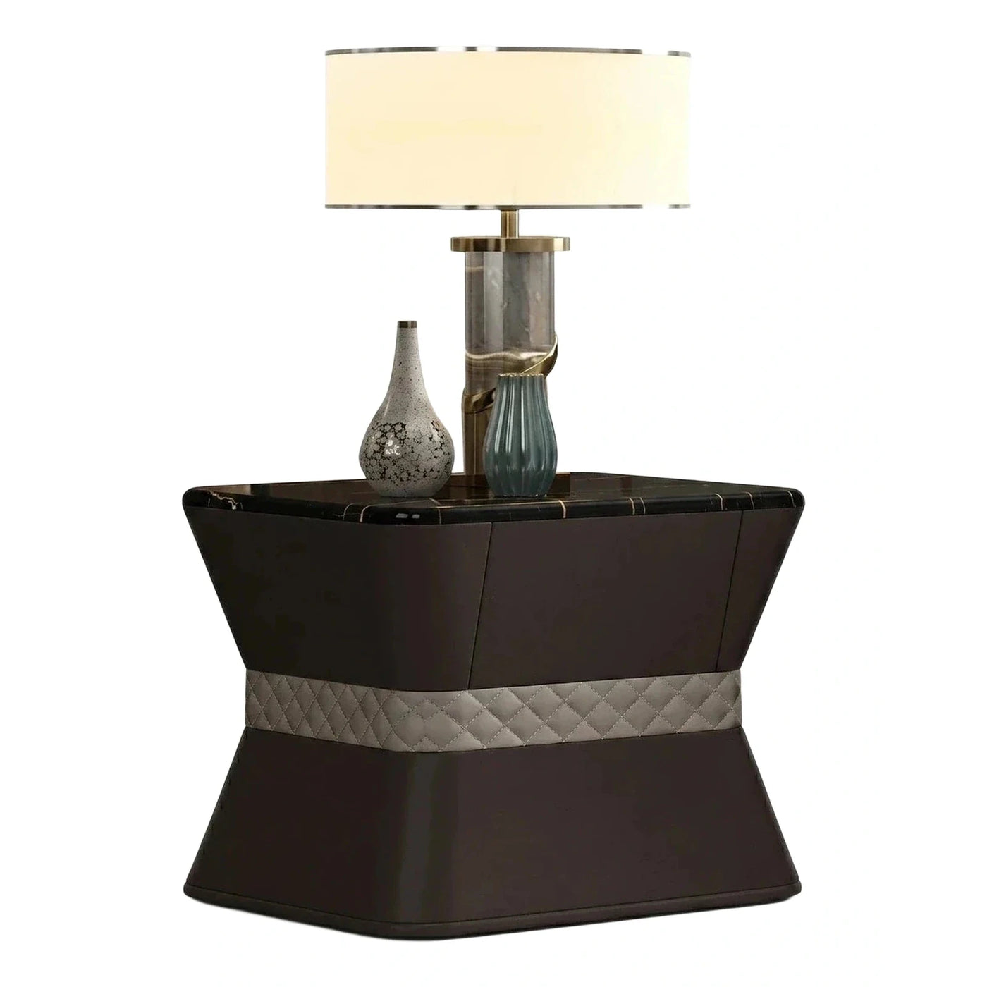 Luxury Quilted Leather Side Table with Marble Top