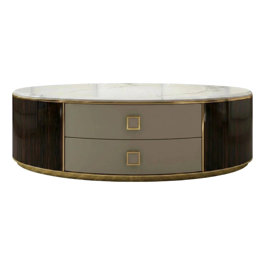 Oval Marble Top Coffee Table with Drawers and Brass Trim