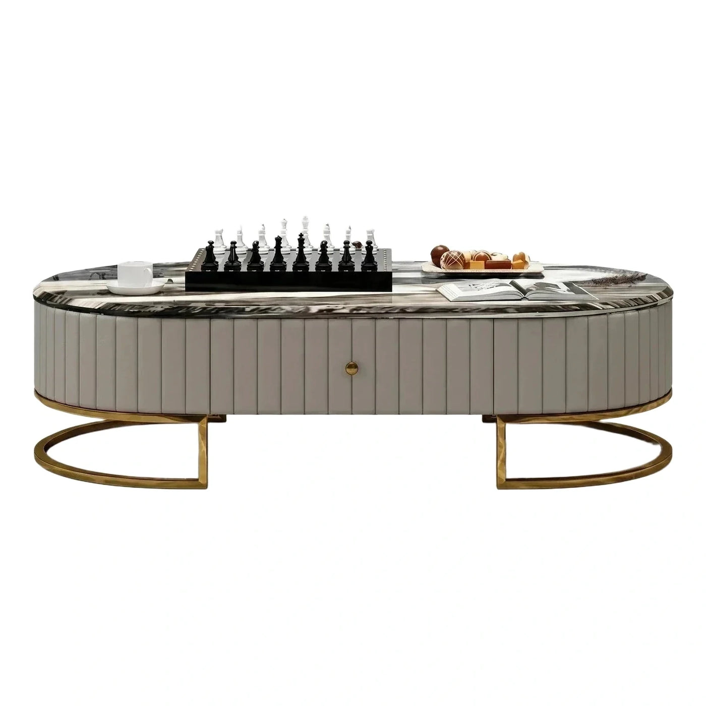 Oval Marble Top Coffee Table with Fluted Sides