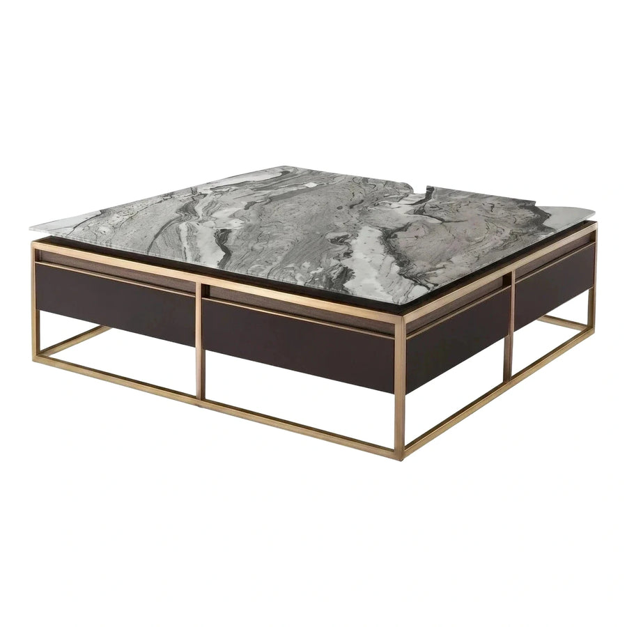 Modern Grey Marble Coffee Table with Gold Frame