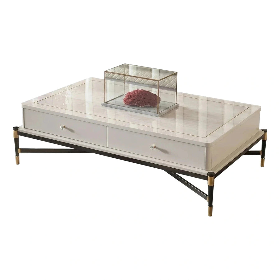 Cream Marble Top Coffee Table with Drawers and Gold Accents