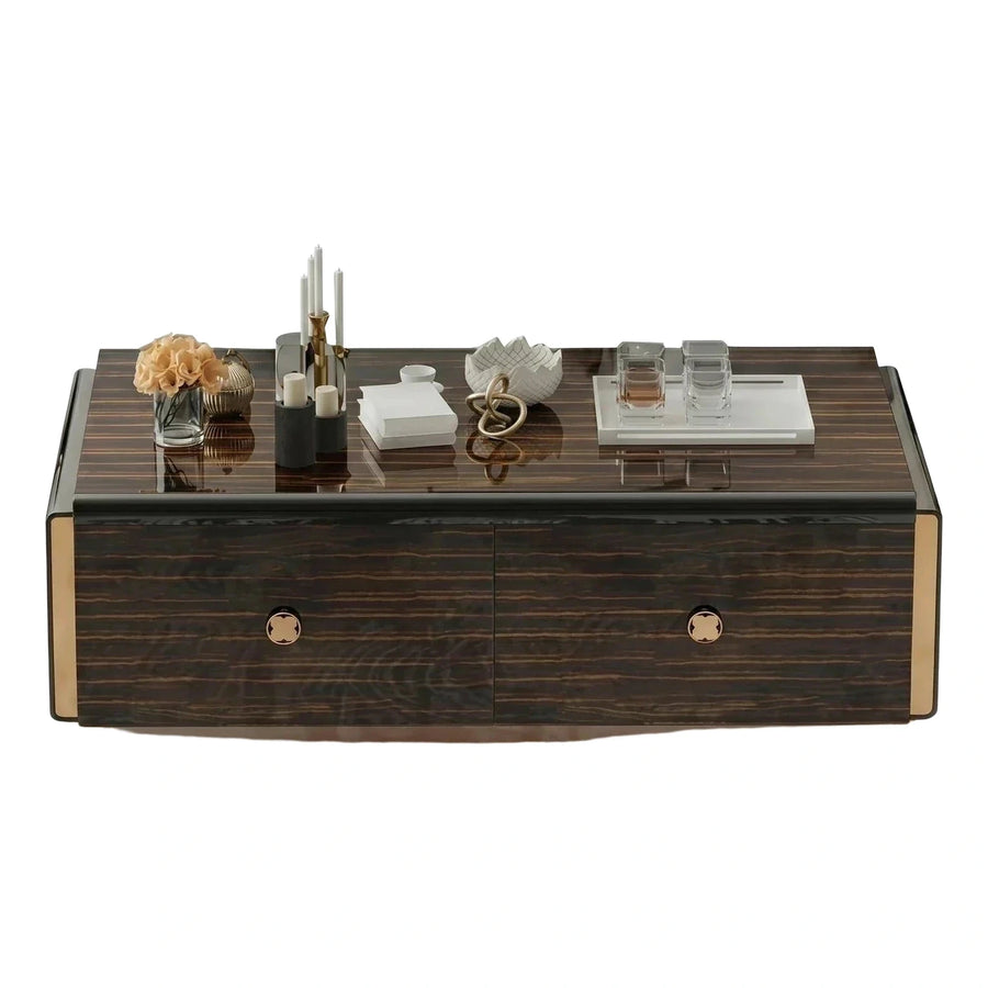 Modern Glossy Dark Wood Coffee Table with Gold Accents