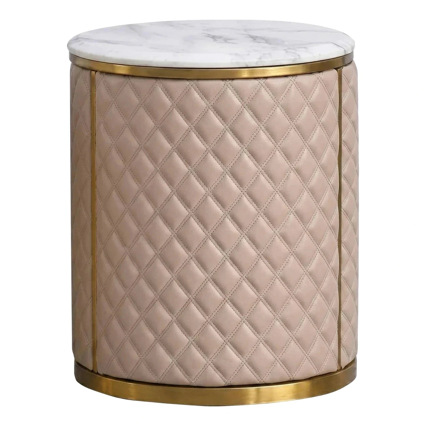 Quilted Beige Leather Side Table with Marble Top