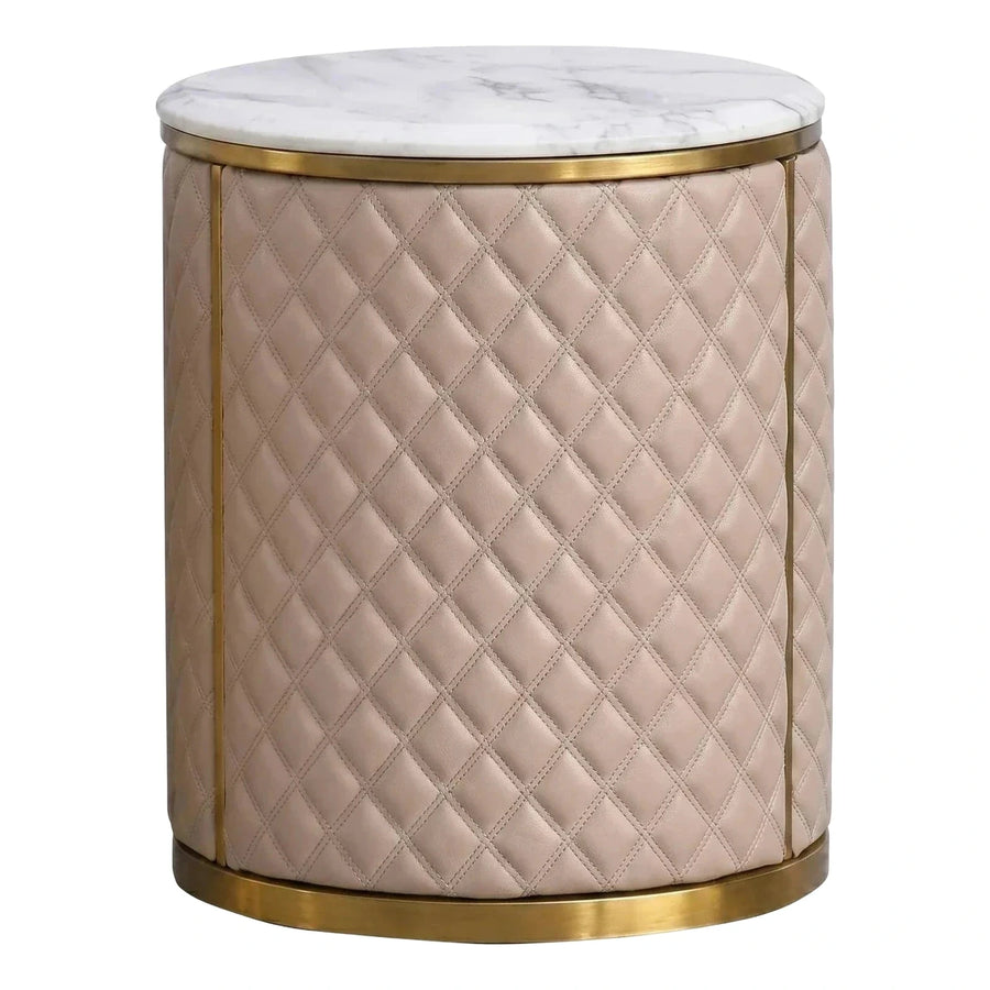 Quilted Beige Leather Side Table with Marble Top
