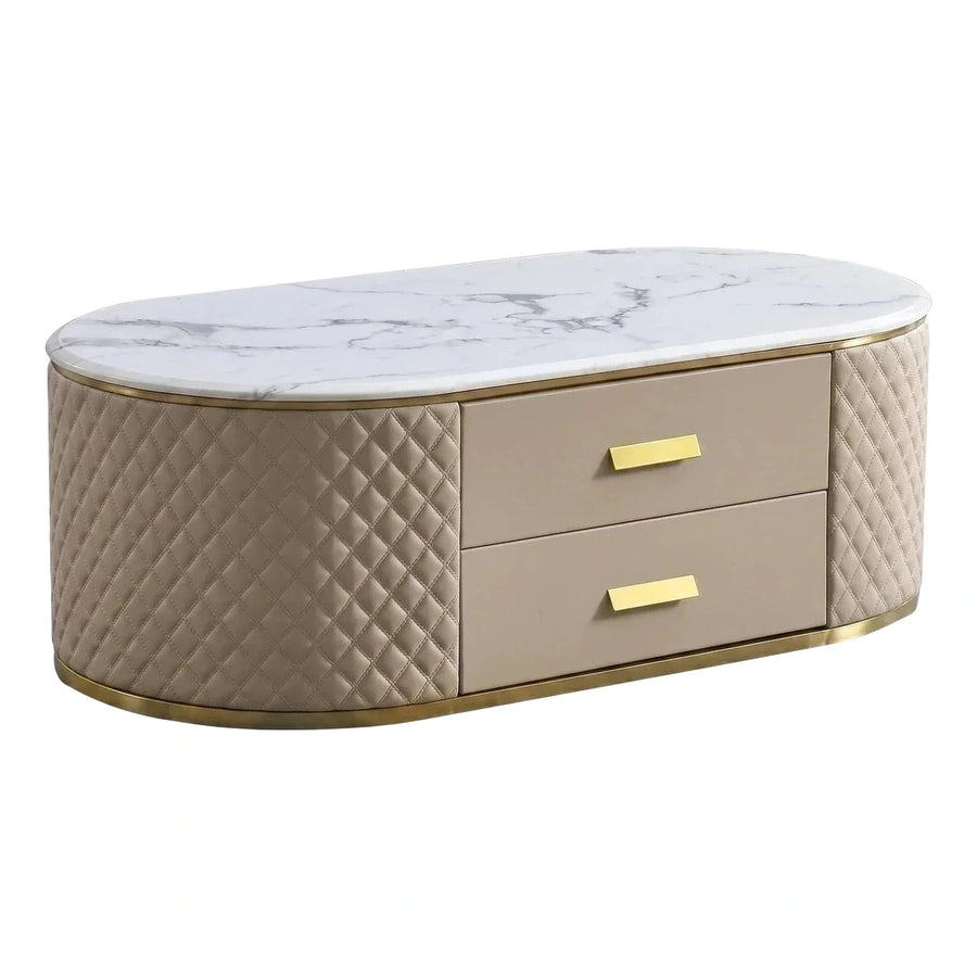 Beige Quilted Oval Coffee Table with Marble Top