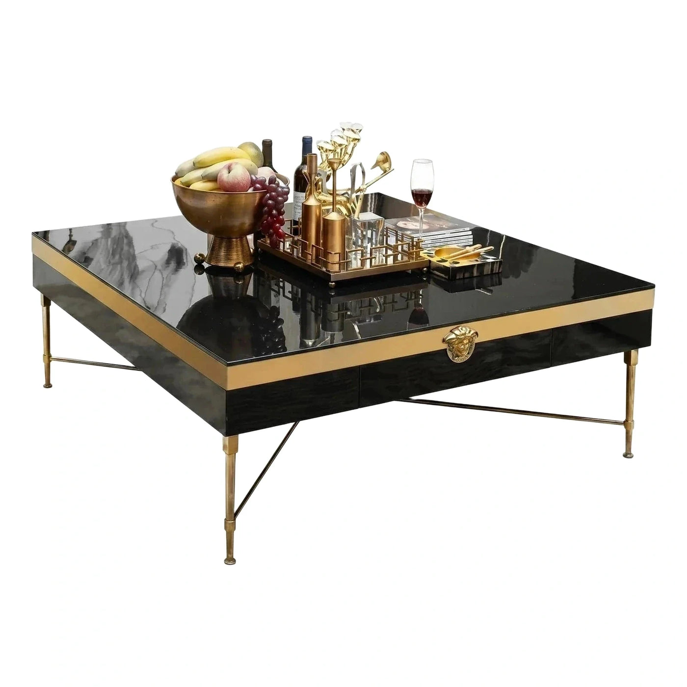 Luxury Black Marble Coffee Table with Gold Trim