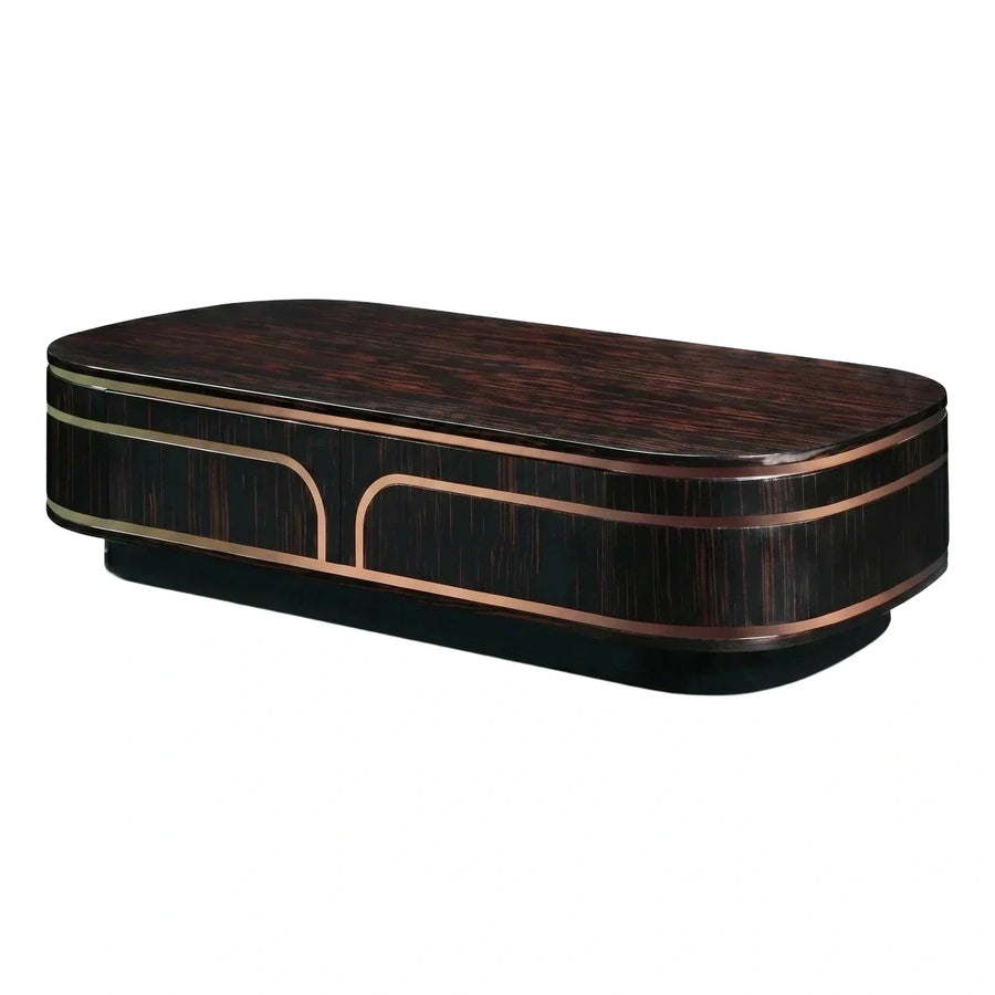 Luxury Dark Wood Oval Coffee Table with Metal Trim