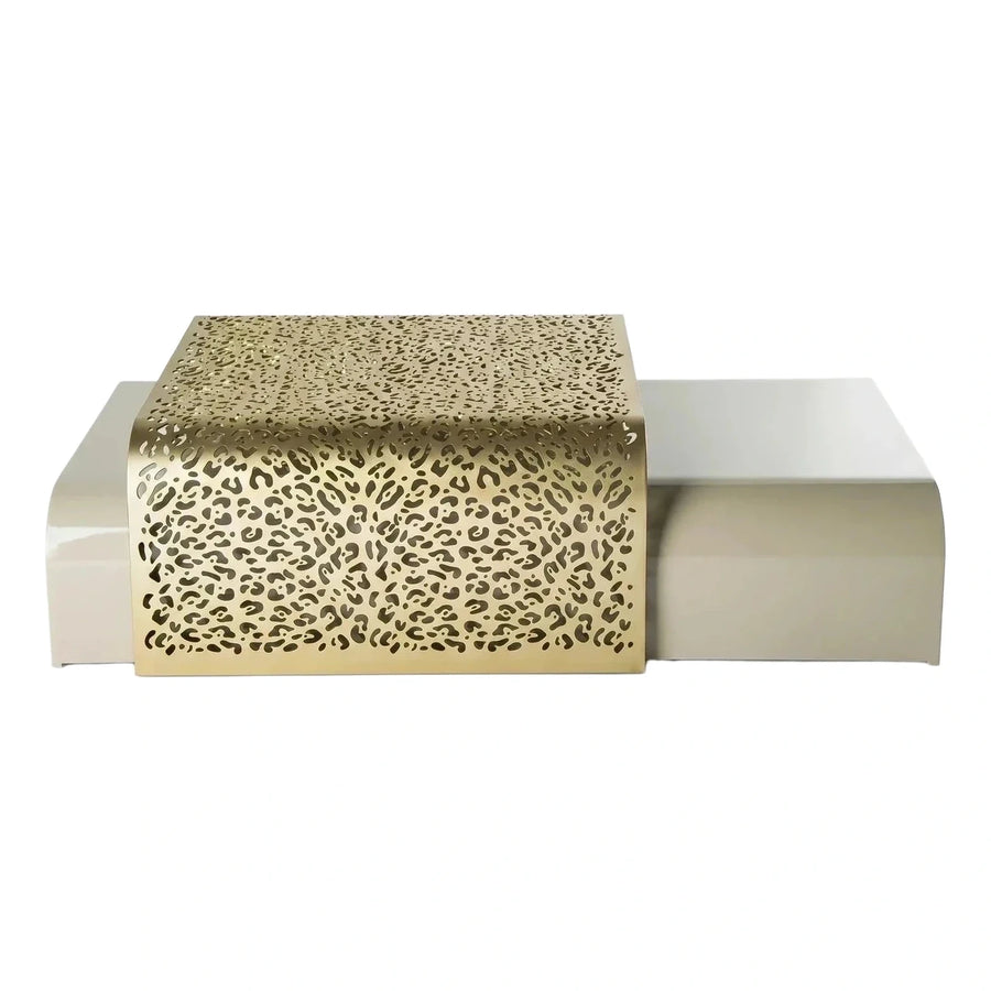 Cream Glossy Coffee Table with Gold Leopard Overlay