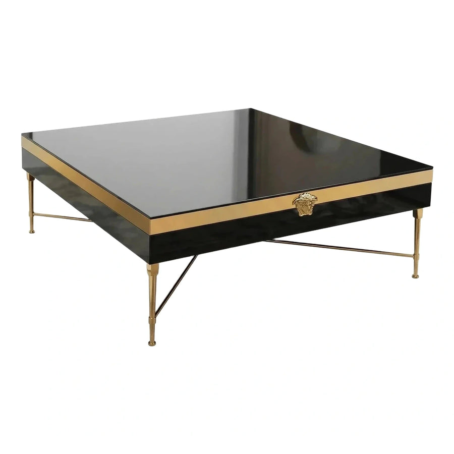 Square Black Gloss Coffee Table with Gold Medusa Accent