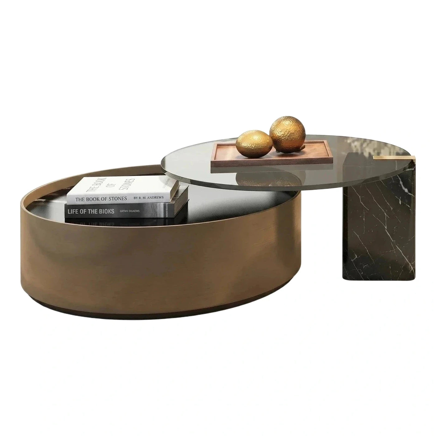 Modern Oval Coffee Table with Marble Base and Glass Top